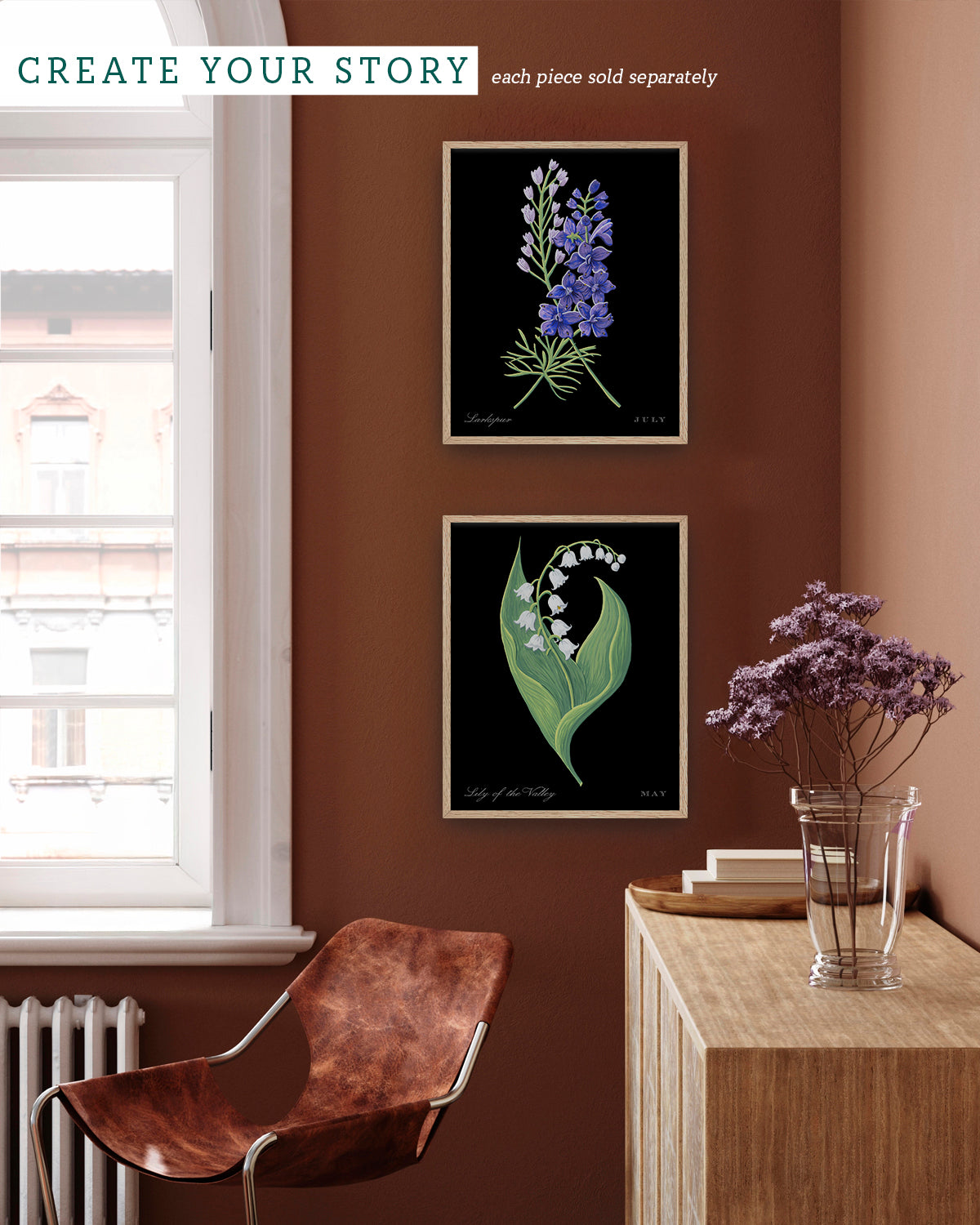 Gallery wall with Larkspur (July) birth flower fine art print, classic botanical style on black background. Oak frame available.