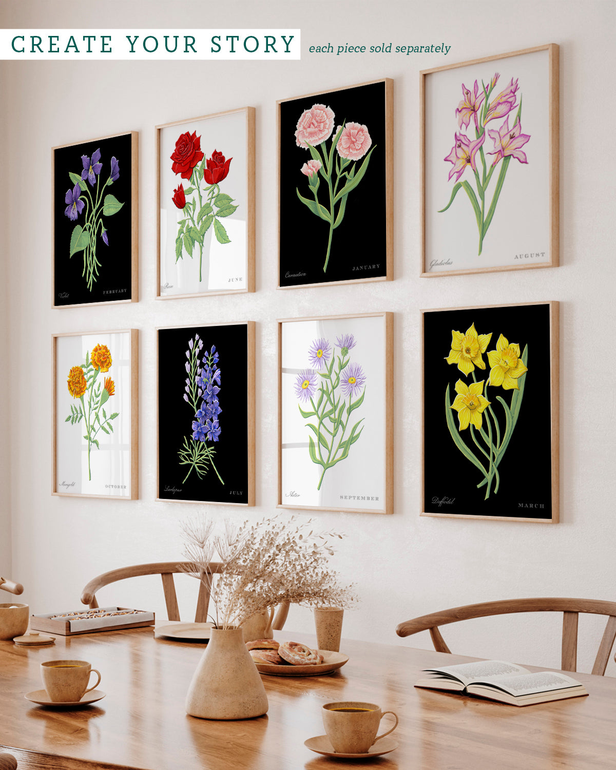 Gallery wall with Larkspur (July) birth flower fine art print, classic botanical style on black background. Oak frame available.