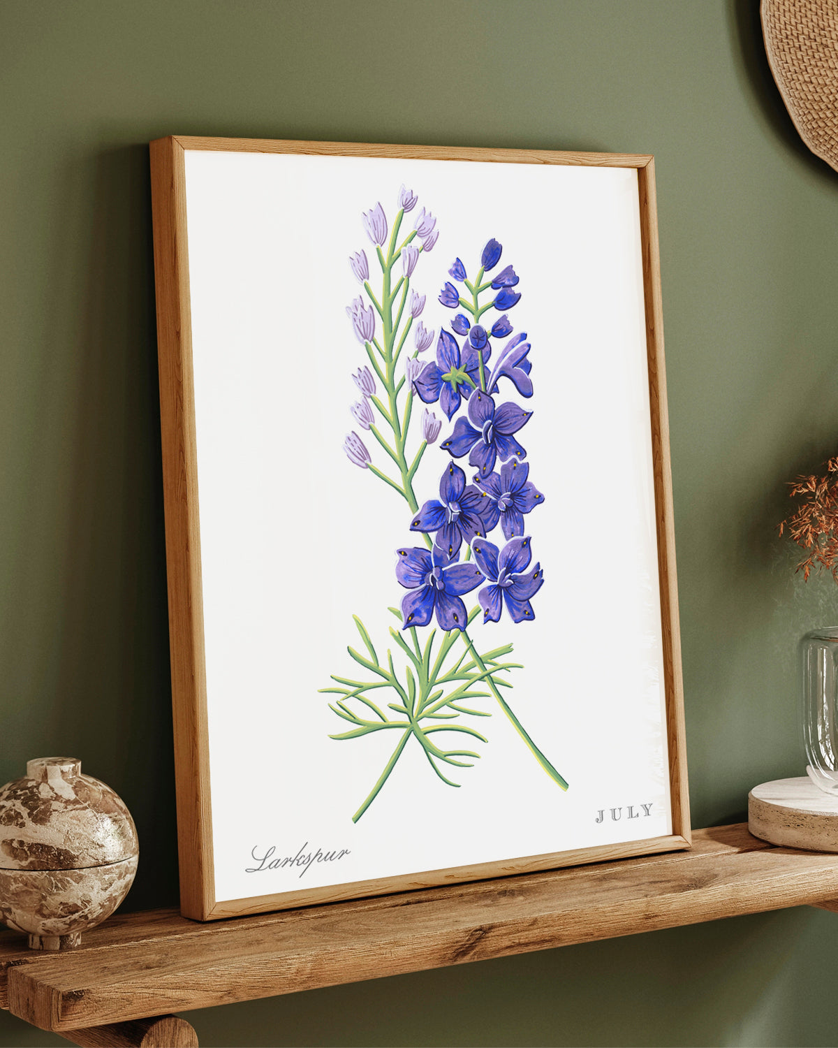 Larkspur (July) birth flower fine art print, classic botanical style on white background. Oak frame available.