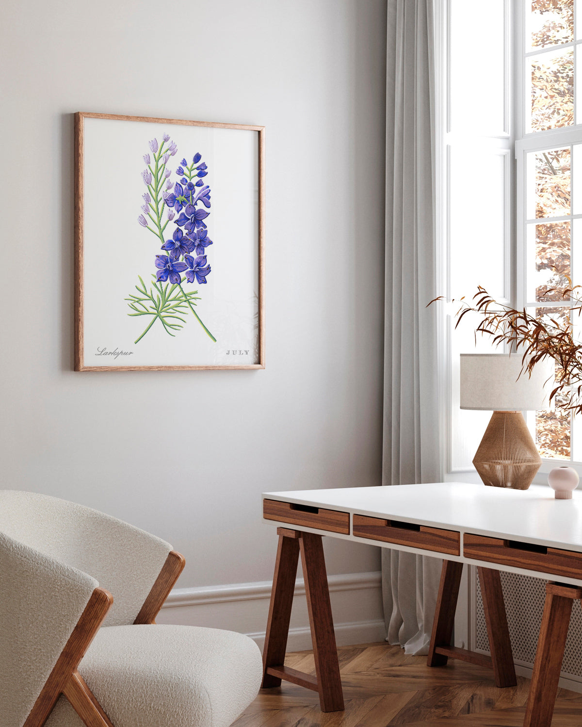 Larkspur (July) birth flower fine art print, classic botanical style on white background. Oak frame available.