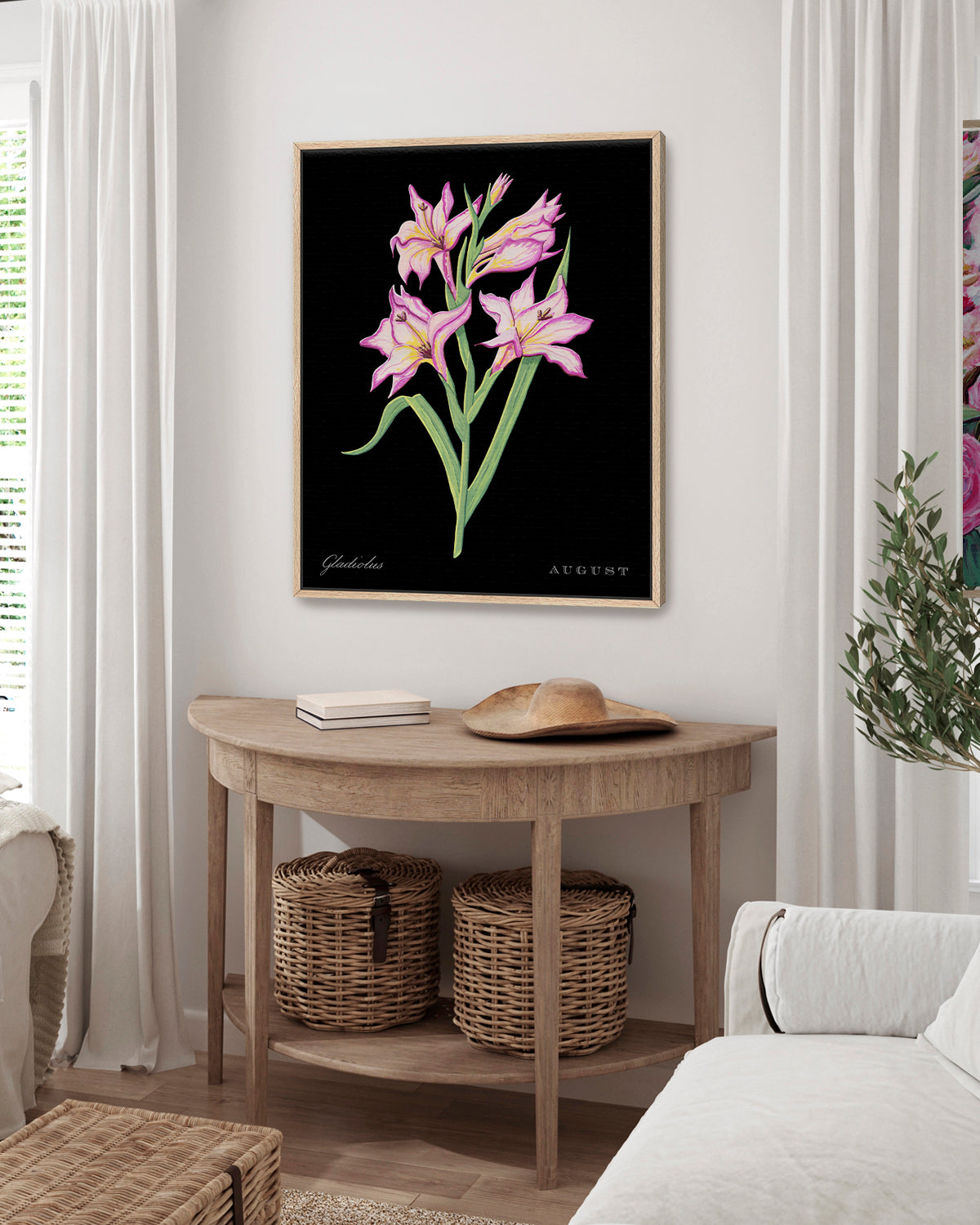 Gladiolus (August) birth flower fine art print, classic botanical style on black background. Oak frame available.