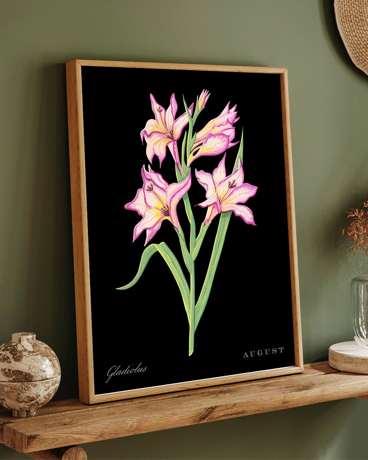 Gladiolus (August) birth flower fine art print, classic botanical style on black background. Oak frame available.