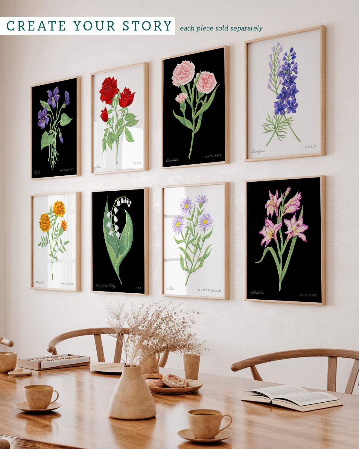 Gallery wall with Gladiolus (August) birth flower fine art print, classic botanical style on black background. Oak frame available.