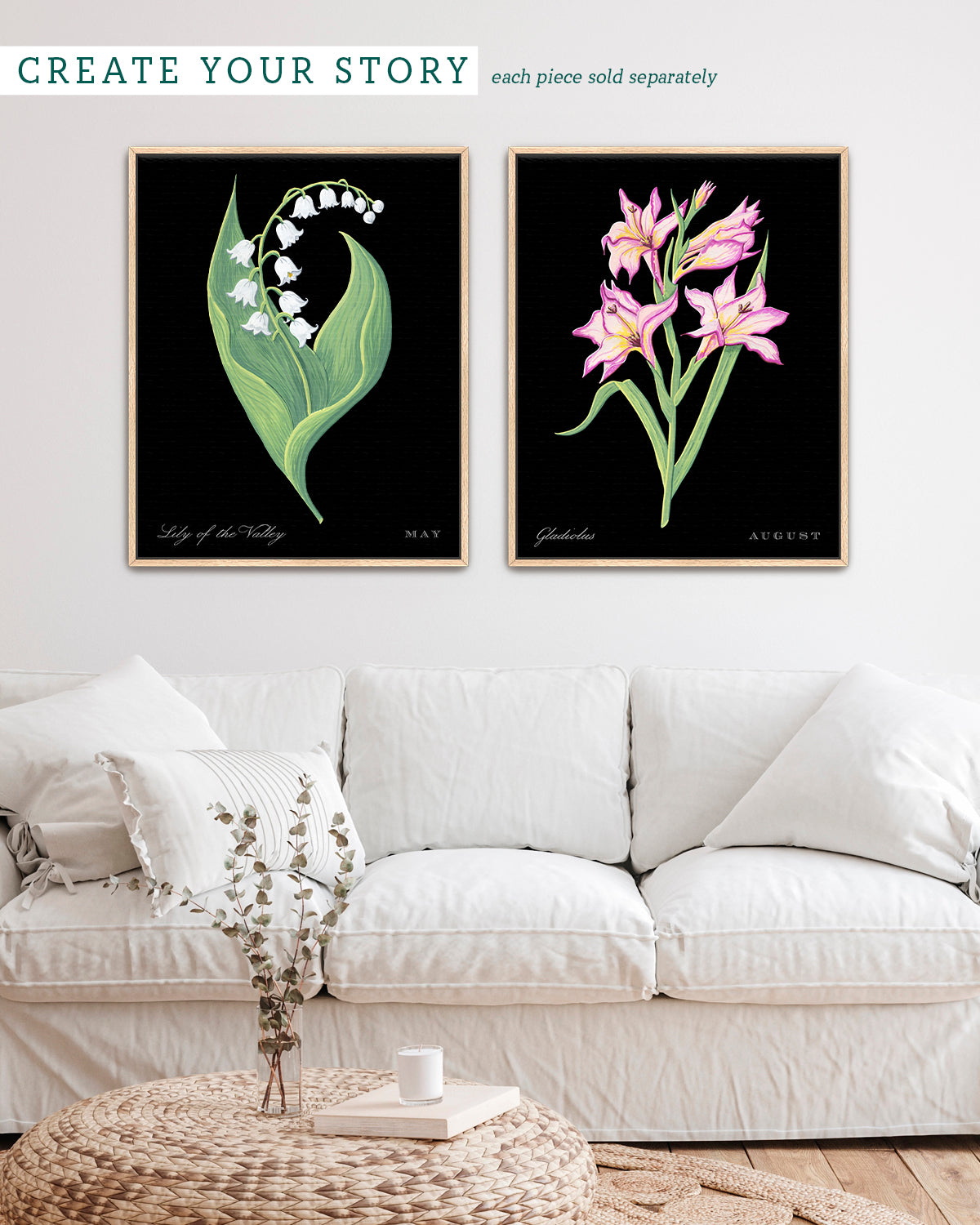 Gallery wall with Gladiolus (August) birth flower fine art print, classic botanical style on black background. Oak frame available.