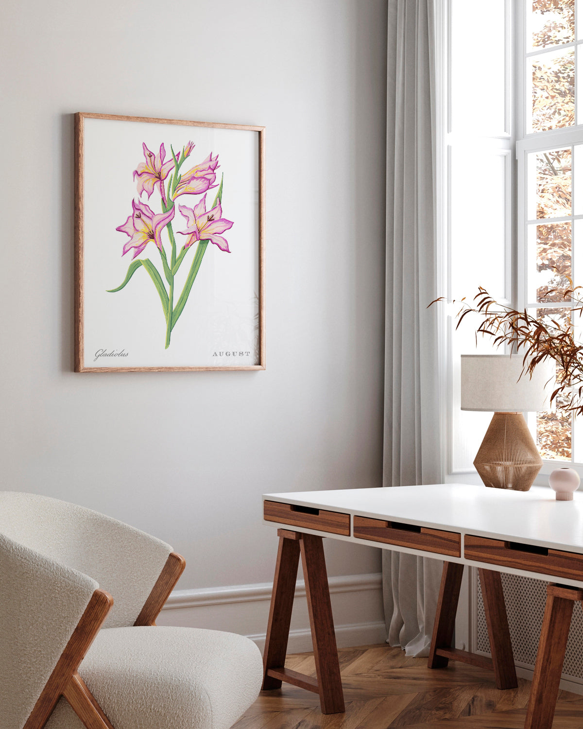 Gladiolus (August) birth flower fine art print, classic botanical style on white background. Oak frame available.