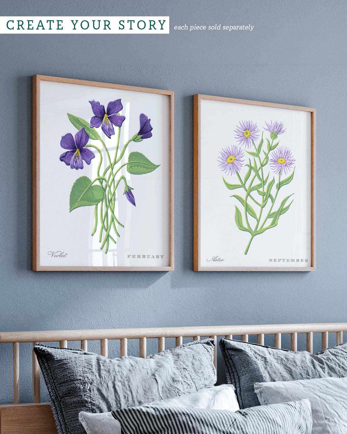 Gallery wall with Aster (September) birth flower fine art print, classic botanical style on white background. Oak frame available.