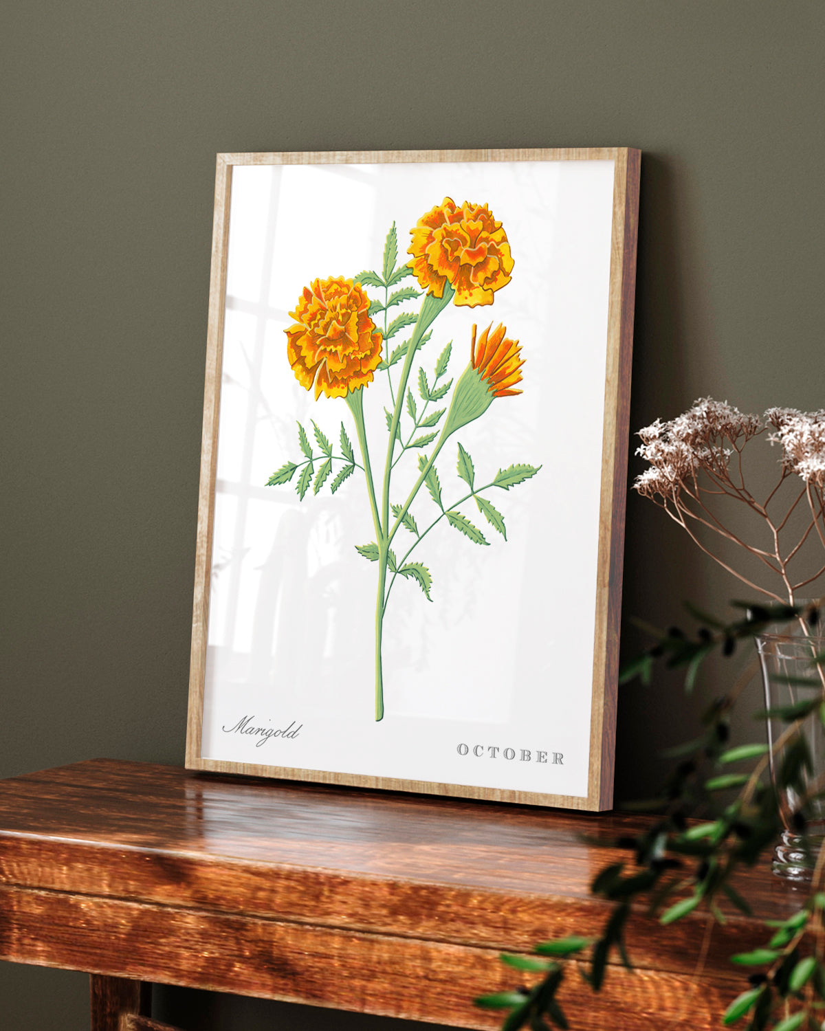 Marigold (October) birth flower fine art print, classic botanical style on white background. Oak frame available.
