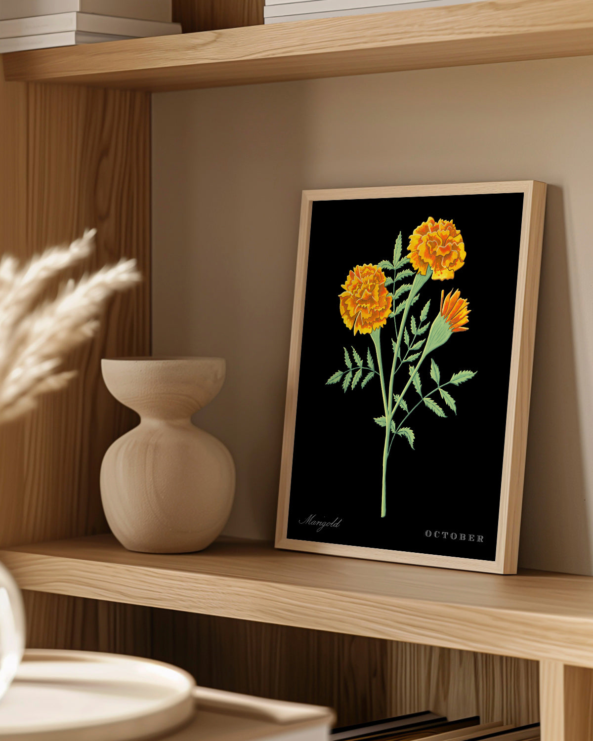 Marigold (October) birth flower fine art print, classic botanical style on black background. Oak frame available.