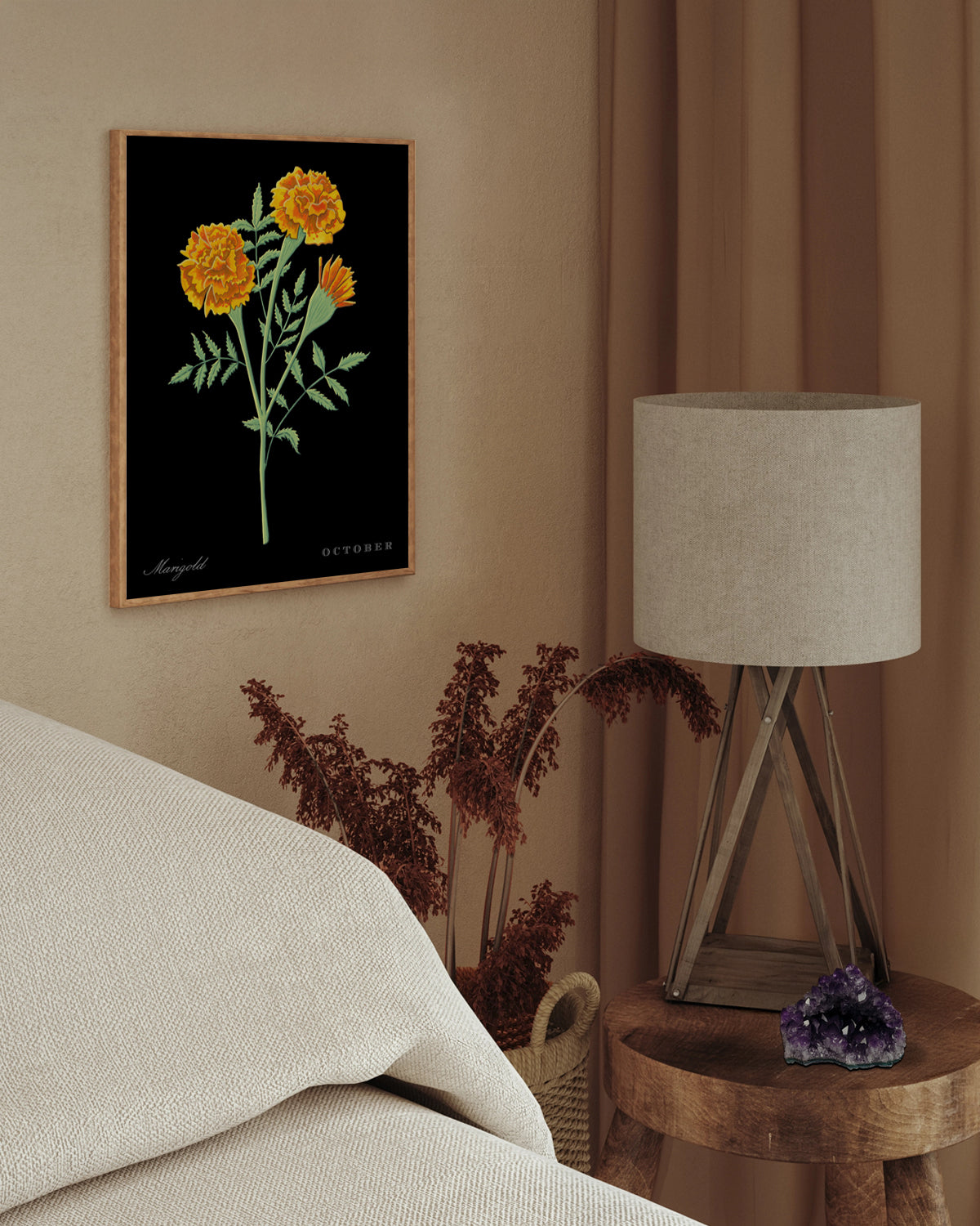 Marigold (October) birth flower fine art print, classic botanical style on black background. Oak frame available.