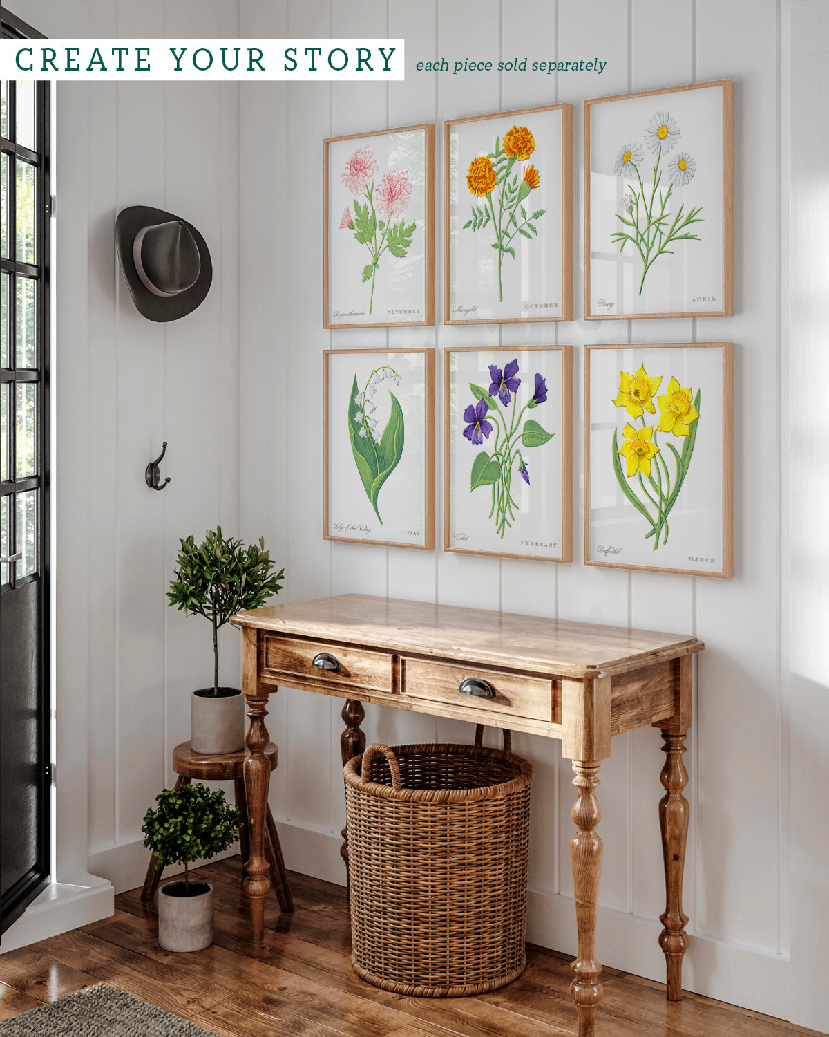 Gallery wall with Chrysanthemum (November) birth flower fine art print, classic botanical style on white background. Oak frame available.
