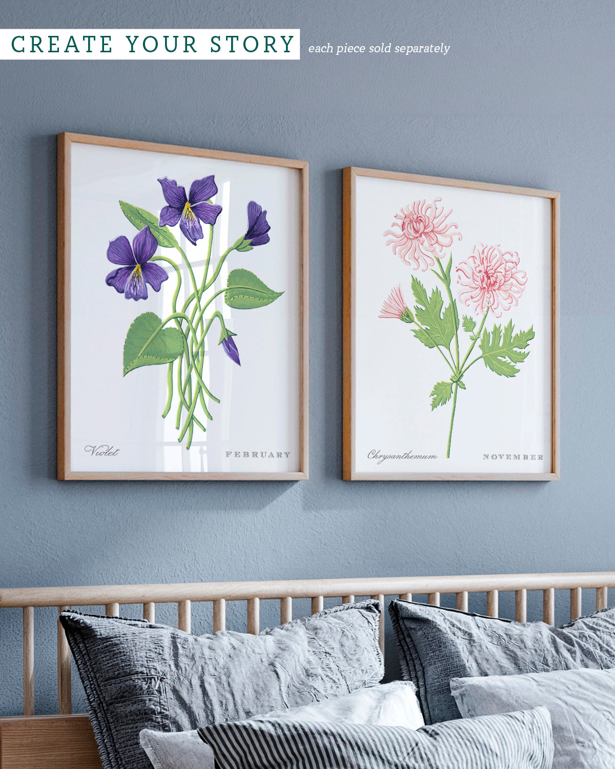 Gallery wall with Chrysanthemum (November) birth flower fine art print, classic botanical style on white background. Oak frame available.