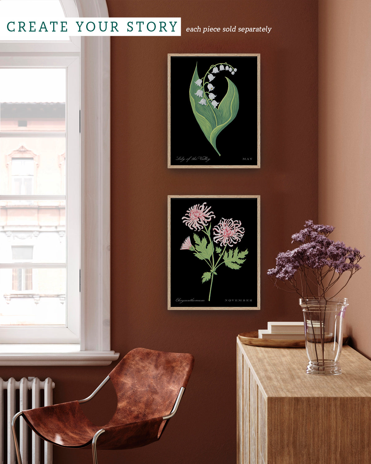 Gallery wall with Chrysanthemum (November) birth flower fine art print, classic botanical style on black background. Oak frame available.