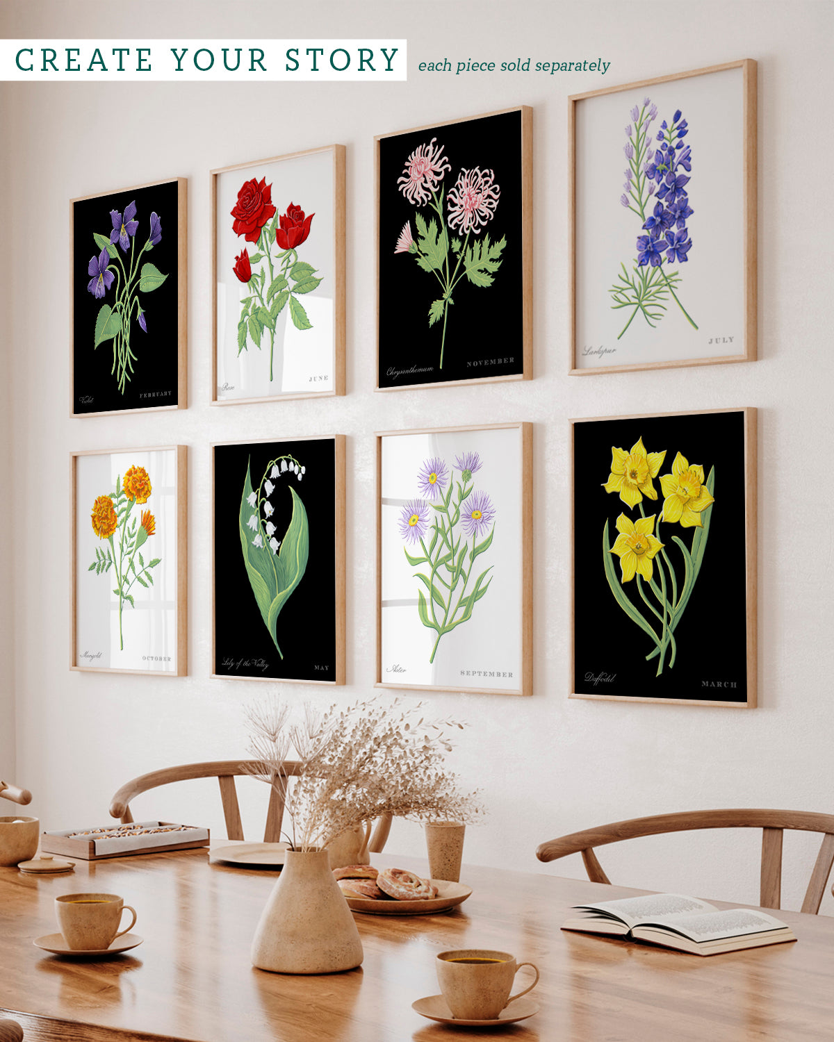 Gallery wall with Chrysanthemum (November) birth flower fine art print, classic botanical style on black background. Oak frame available.