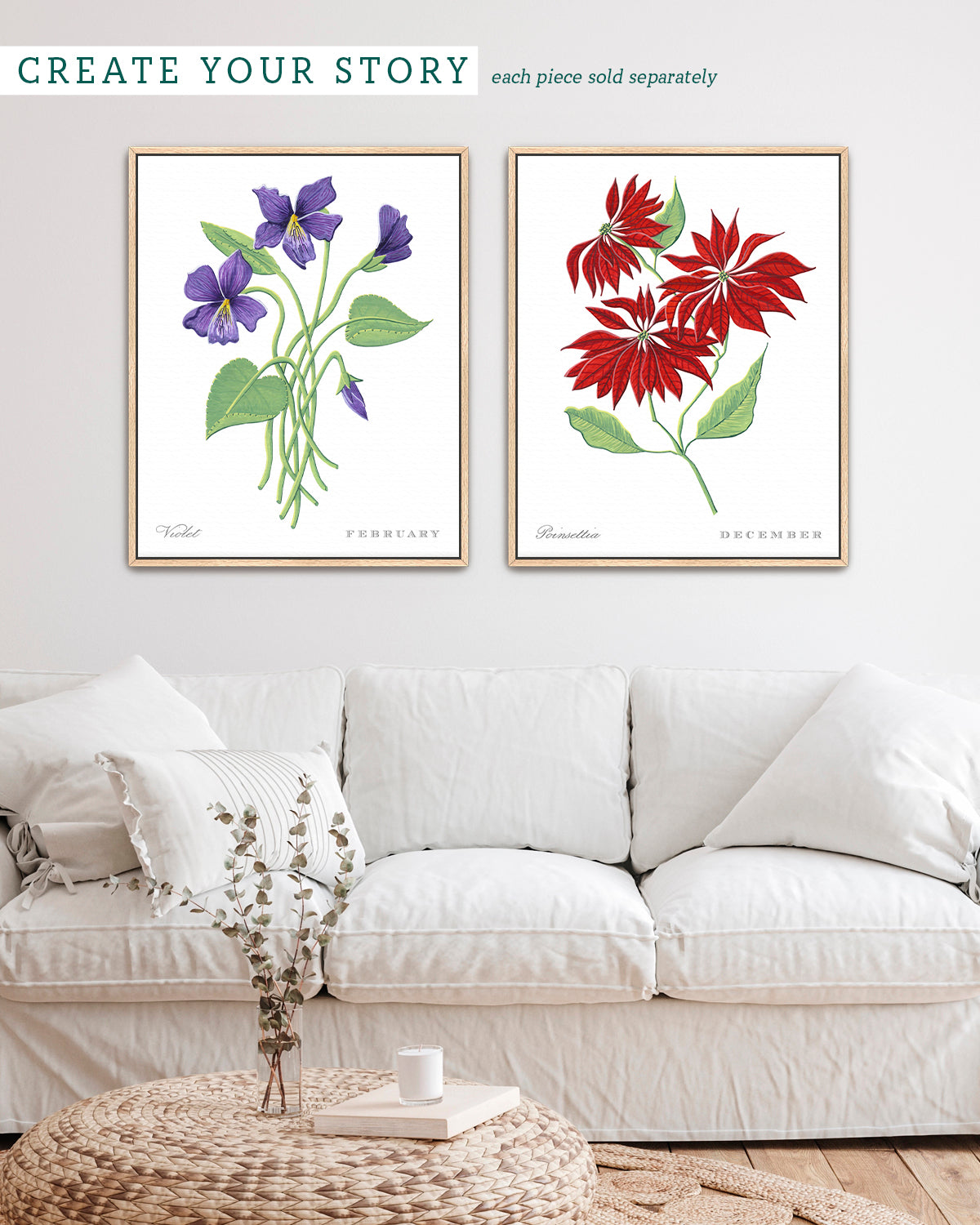 Gallery wall with Poinsettia (December) birth flower fine art print, classic botanical style on white background. Oak frame available.