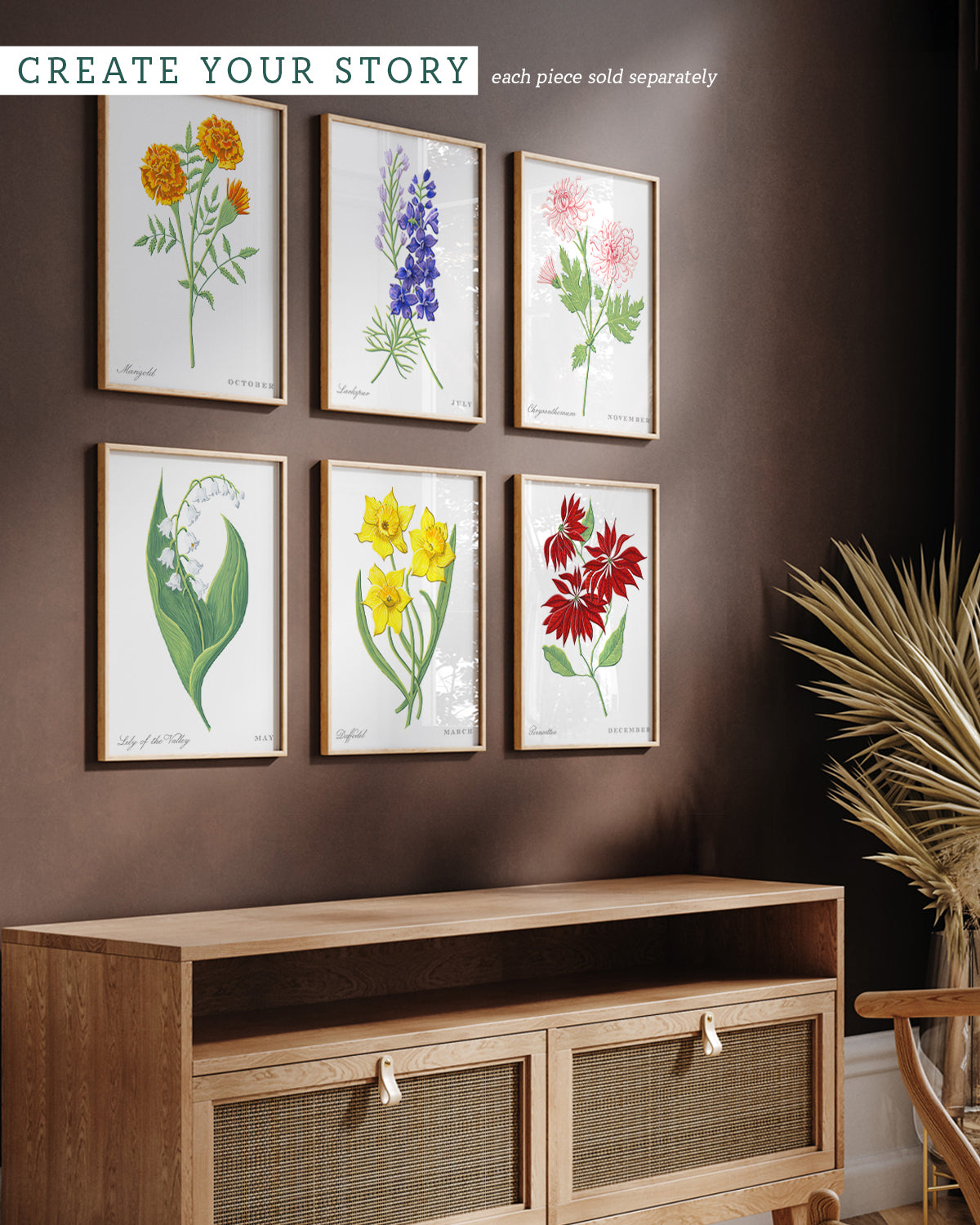 Gallery wall with Poinsettia (December) birth flower fine art print, classic botanical style on white background. Oak frame available.