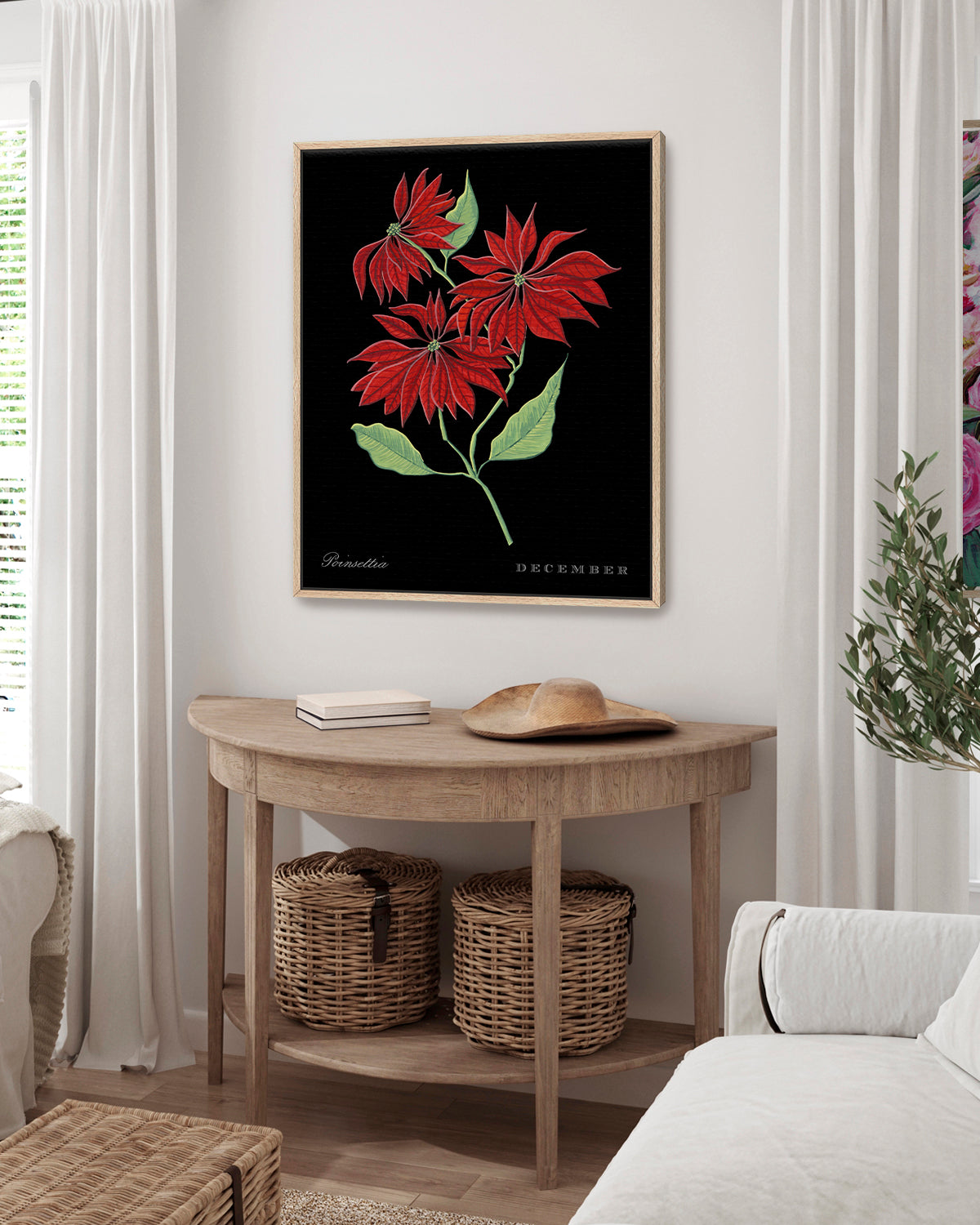 Poinsettia (December) birth flower fine art print, classic botanical style on black background. Oak frame available.