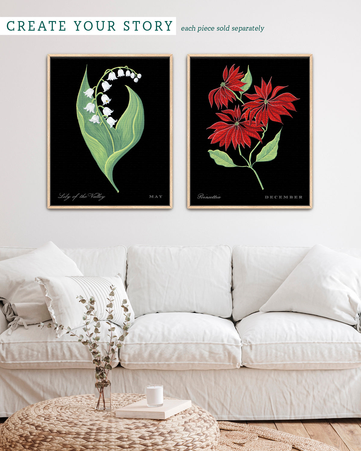 Gallery wall with Poinsettia (December) birth flower fine art print, classic botanical style on black background. Oak frame available.
