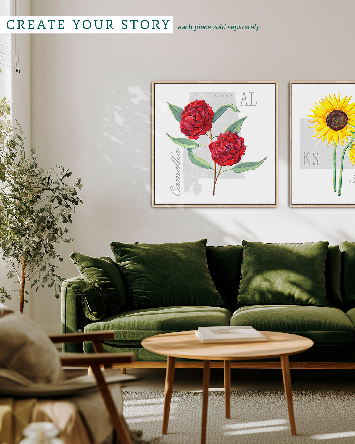Camellia (Alabama) state flower fine art print, classic botanical style on white background. Oak frame available.