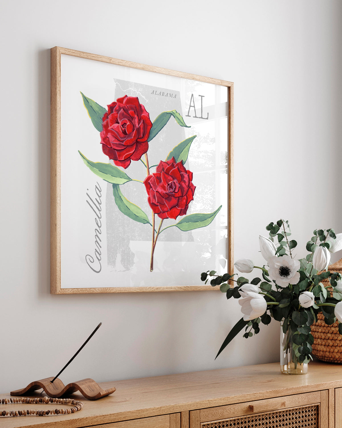 Camellia (Alabama) state flower fine art print, classic botanical style on white background. Oak frame available.