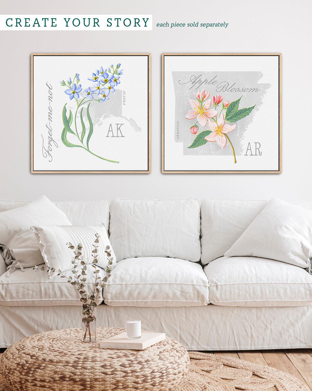 Forget-me-Not (Alaska) state flower fine art print, classic botanical style on white background. Oak frame available.