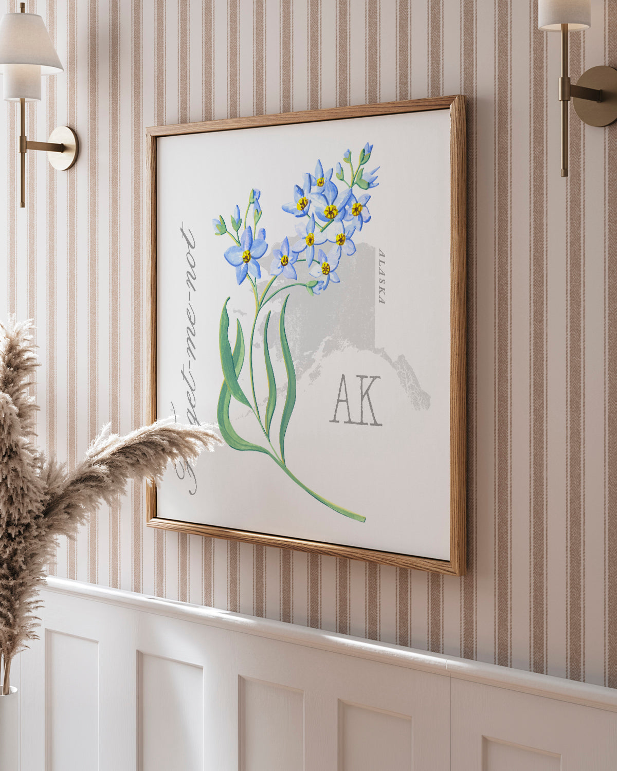 Forget-me-Not (Alaska) state flower fine art print, classic botanical style on white background. Oak frame available.