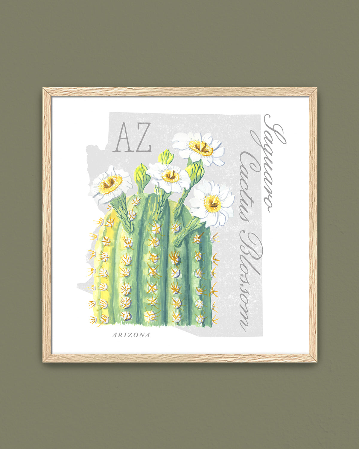 Saguaro Cactus Blossom (Arizona) state flower fine art print, classic botanical style on white background. Oak frame available.