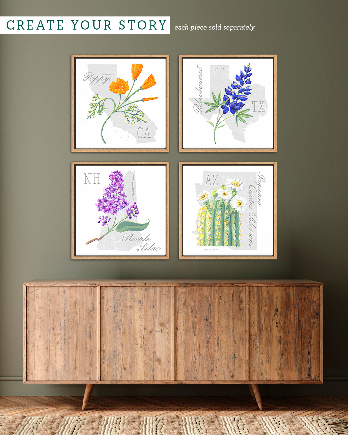 Saguaro Cactus Blossom (Arizona) state flower fine art print, classic botanical style on white background. Oak frame available.