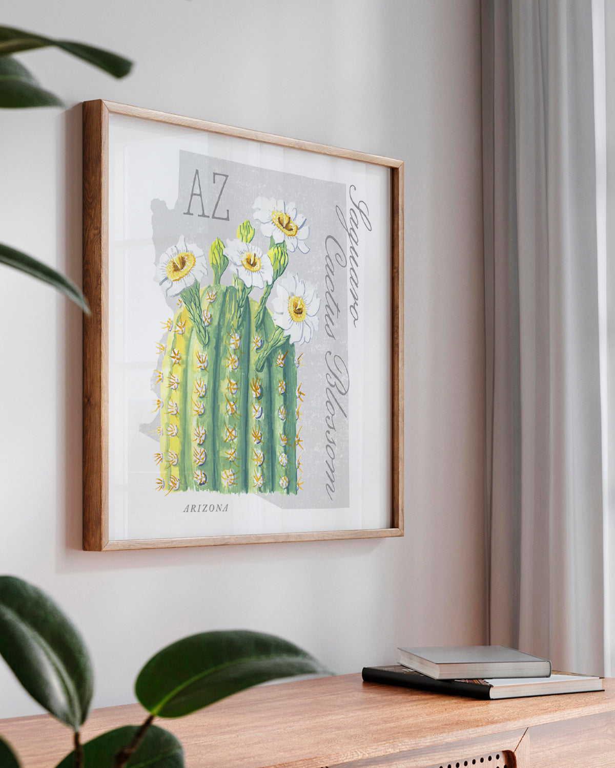 Saguaro Cactus Blossom (Arizona) state flower fine art print, classic botanical style on white background. Oak frame available.