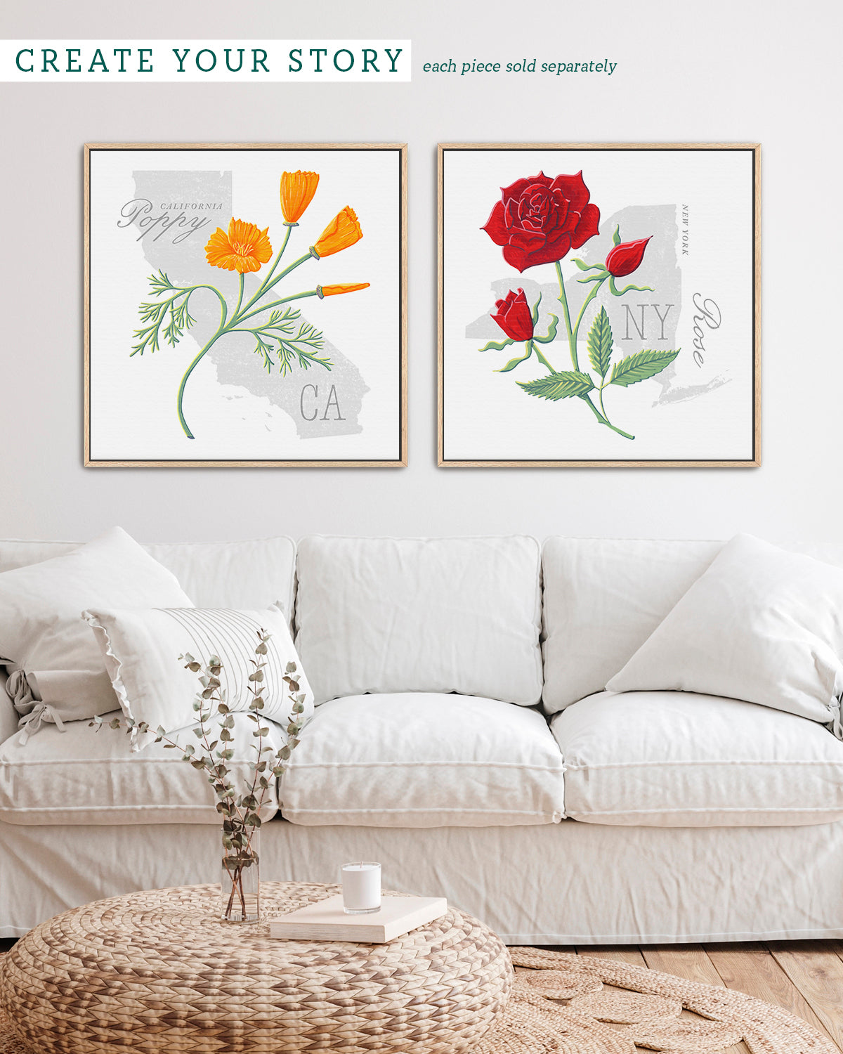 California Poppy (California) state flower fine art print, classic botanical style on white background. Oak frame available.