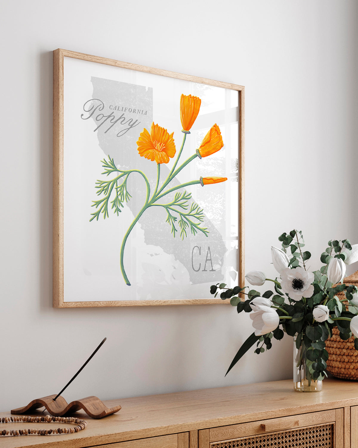 California Poppy (California) state flower fine art print, classic botanical style on white background. Oak frame available.