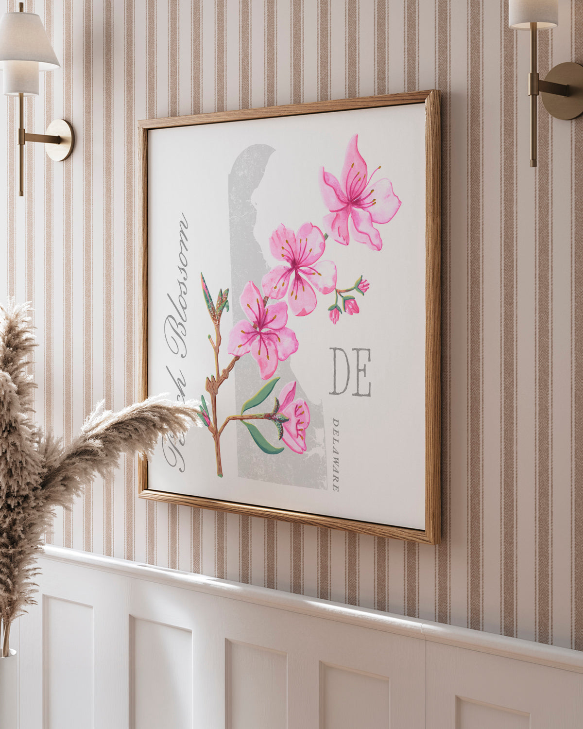 Peach Blossom (Delaware) state flower fine art print, classic botanical style on white background. Oak frame available.