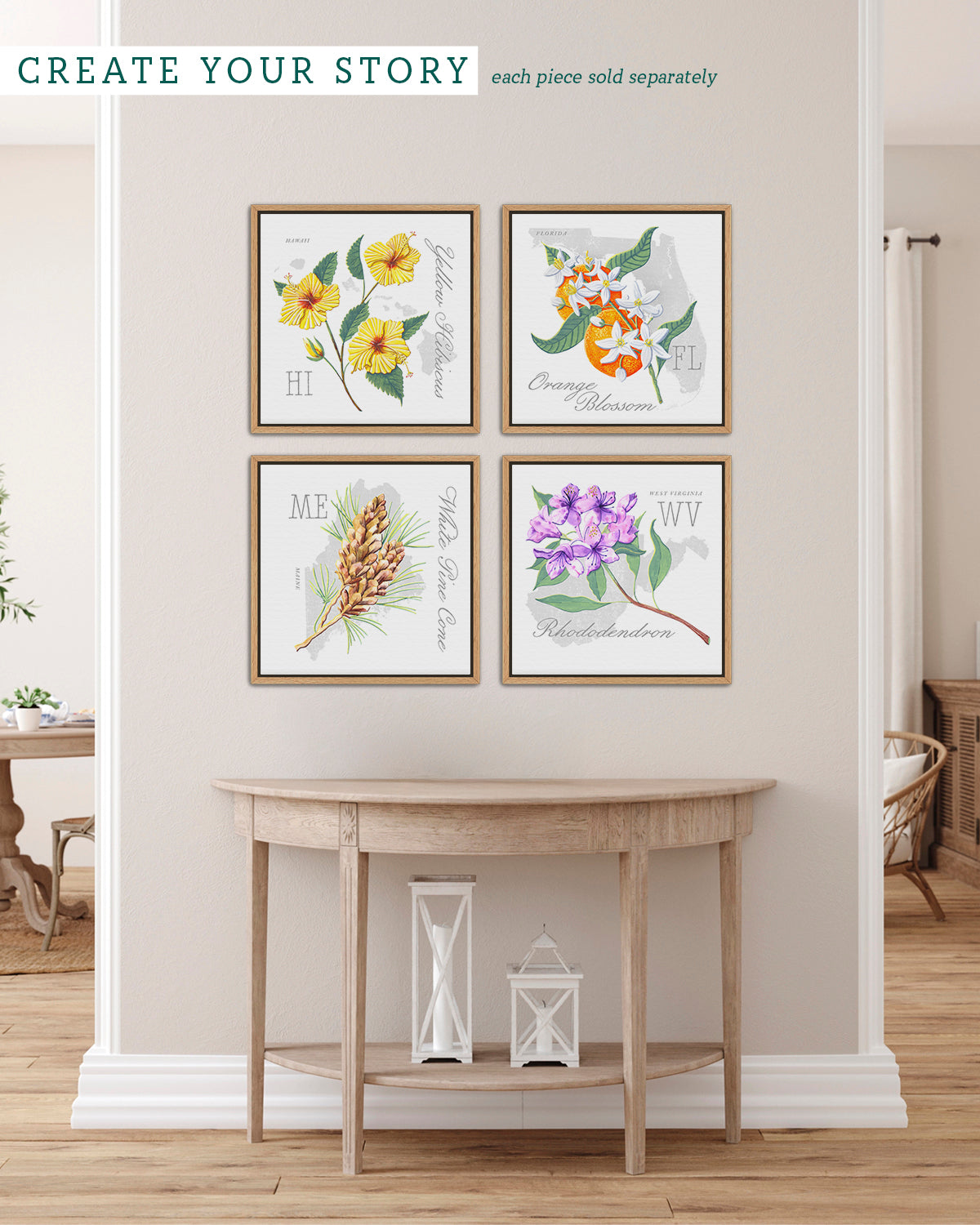 Orange Blossom (Florida) state flower fine art print, classic botanical style on white background. Oak frame available.