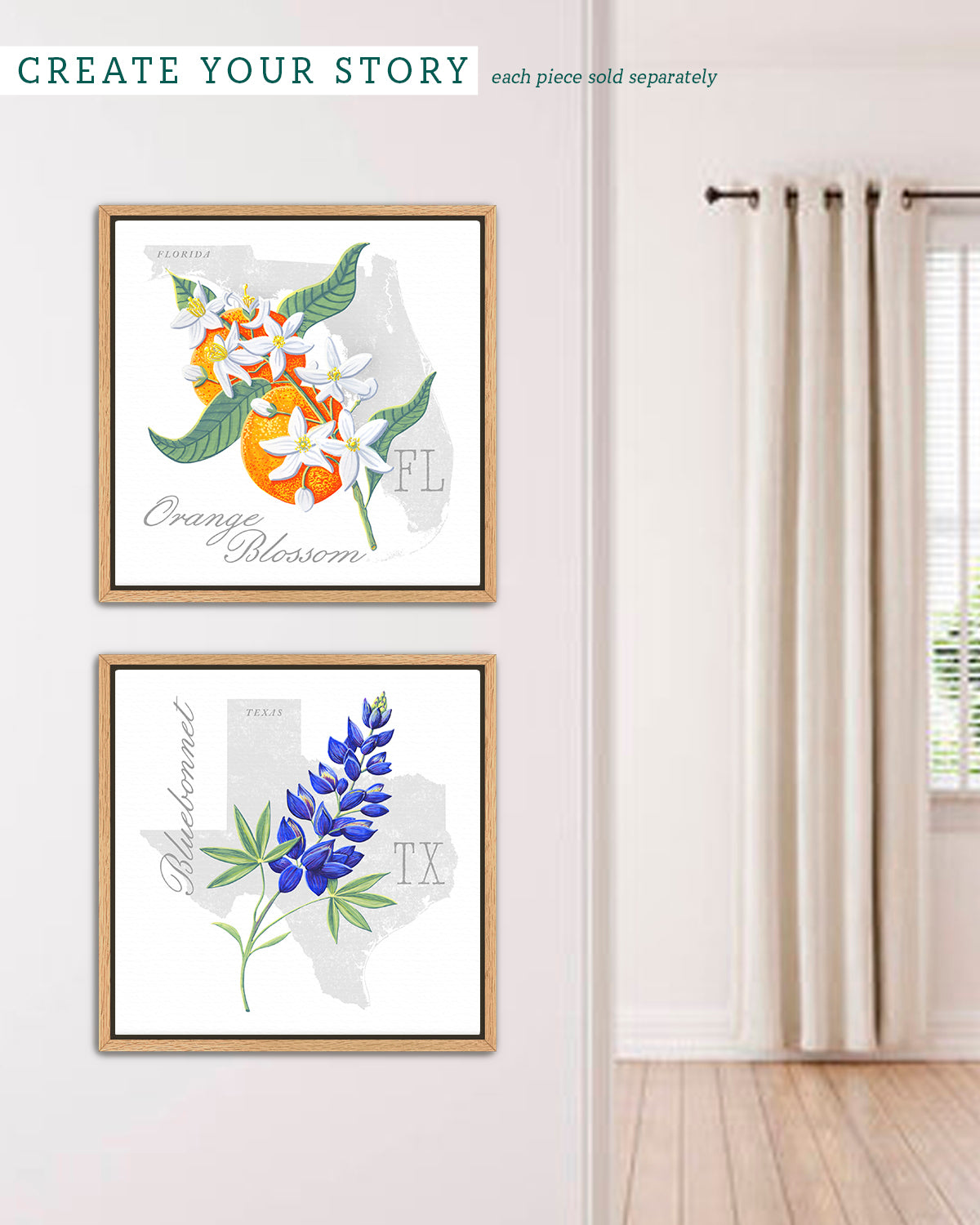 Orange Blossom (Florida) state flower fine art print, classic botanical style on white background. Oak frame available.