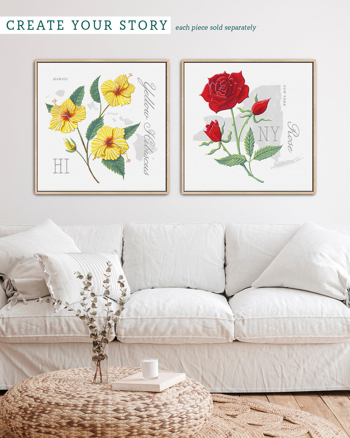 Yellow Hibiscus (Hawaii) state flower fine art print, classic botanical style on white background. Oak frame available.