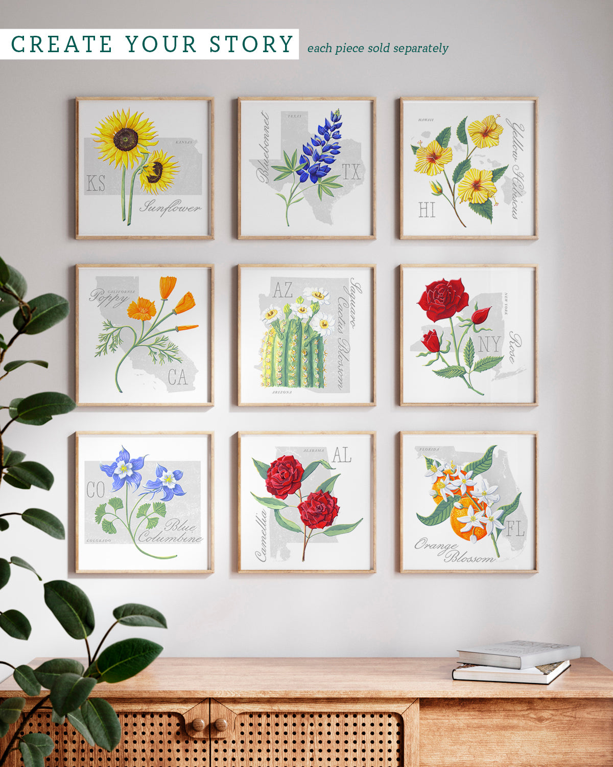 Yellow Hibiscus (Hawaii) state flower fine art print, classic botanical style on white background. Oak frame available.