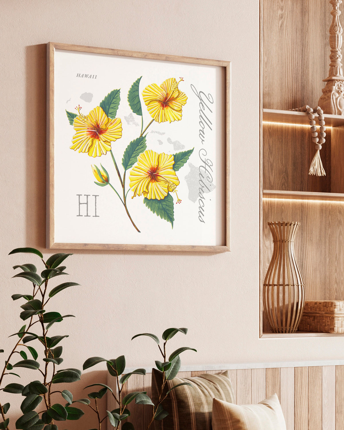 Yellow Hibiscus (Hawaii) state flower fine art print, classic botanical style on white background. Oak frame available.