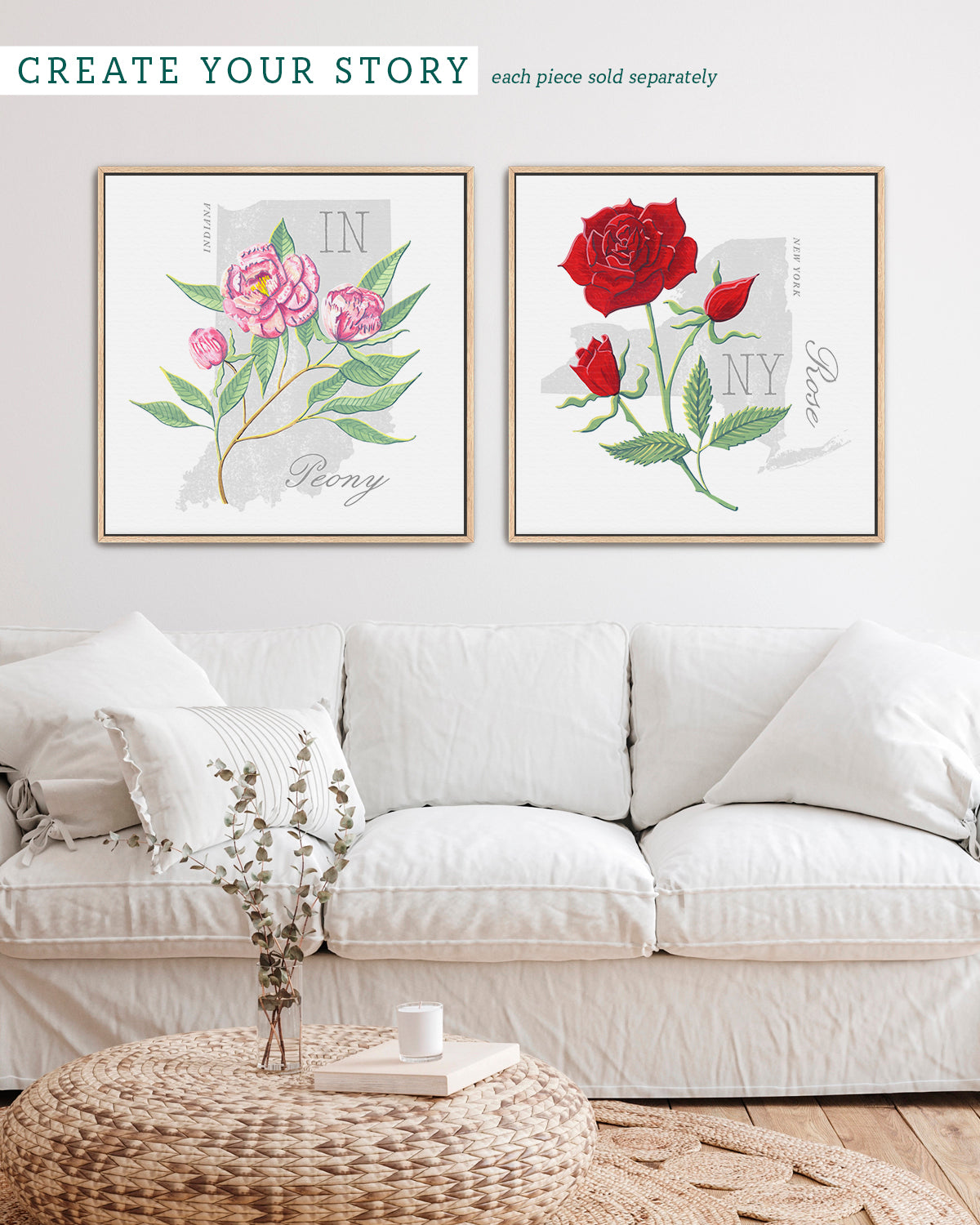 Indiana (Peony) state flower fine art print, classic botanical style on white background. Oak frame available.