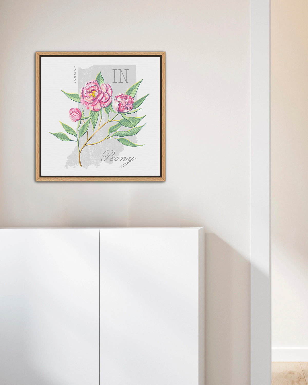 Indiana (Peony) state flower fine art print, classic botanical style on white background. Oak frame available.