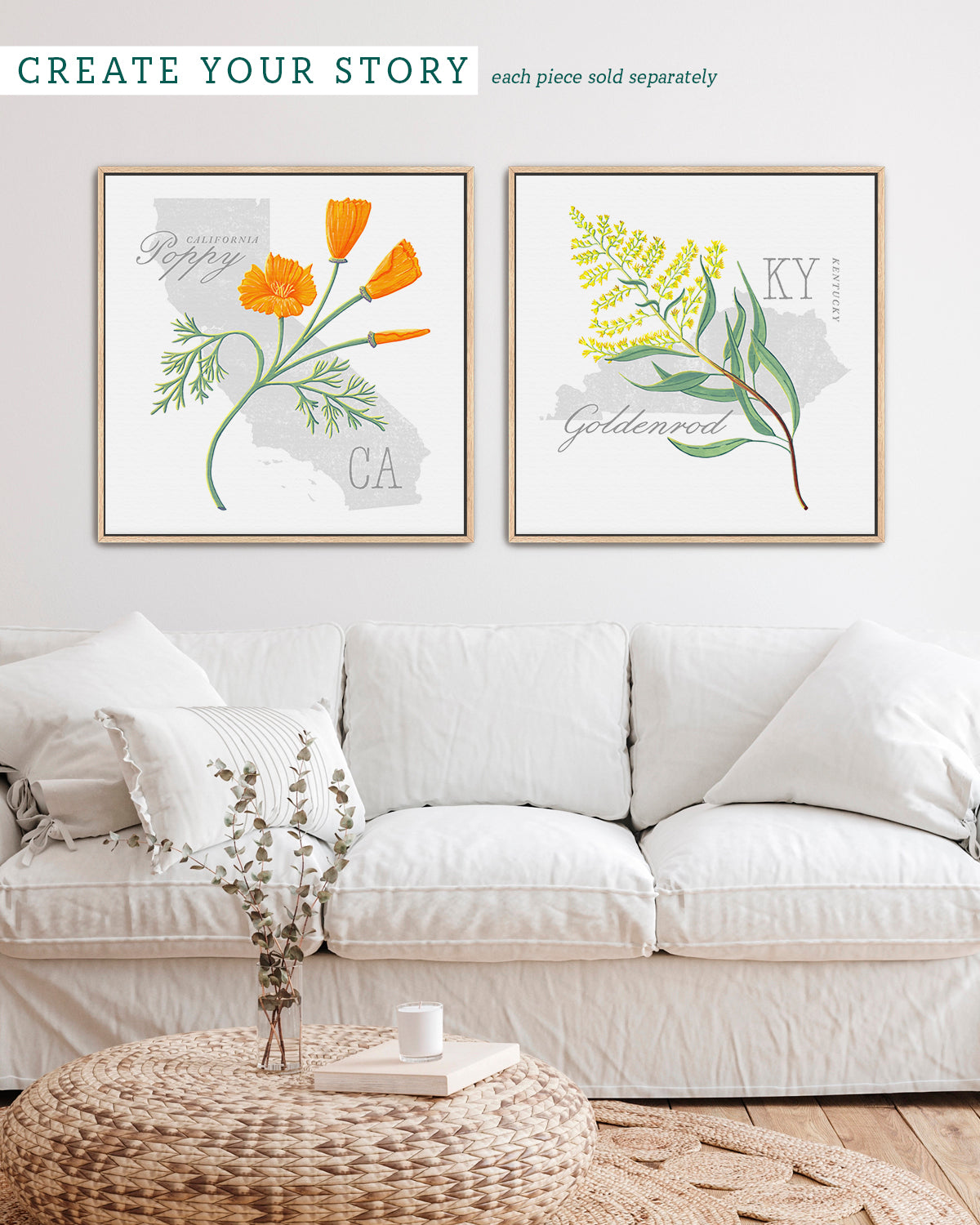 Kentucky (Goldenrod) state flower fine art print, classic botanical style on white background. Oak frame available.