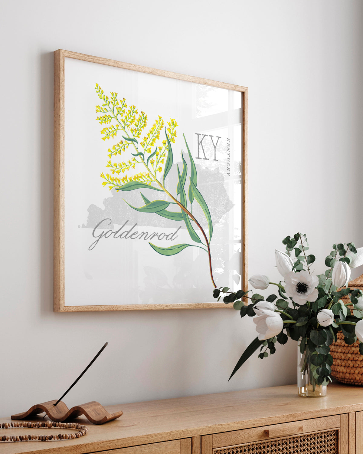 Kentucky (Goldenrod) state flower fine art print, classic botanical style on white background. Oak frame available.