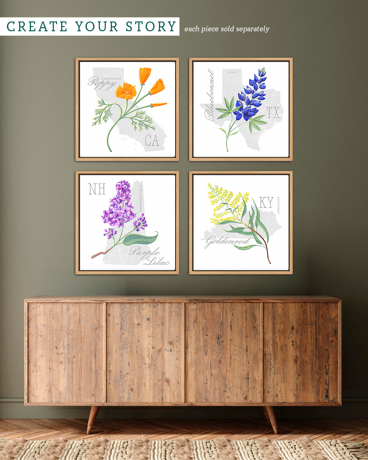 Kentucky (Goldenrod) state flower fine art print, classic botanical style on white background. Oak frame available.