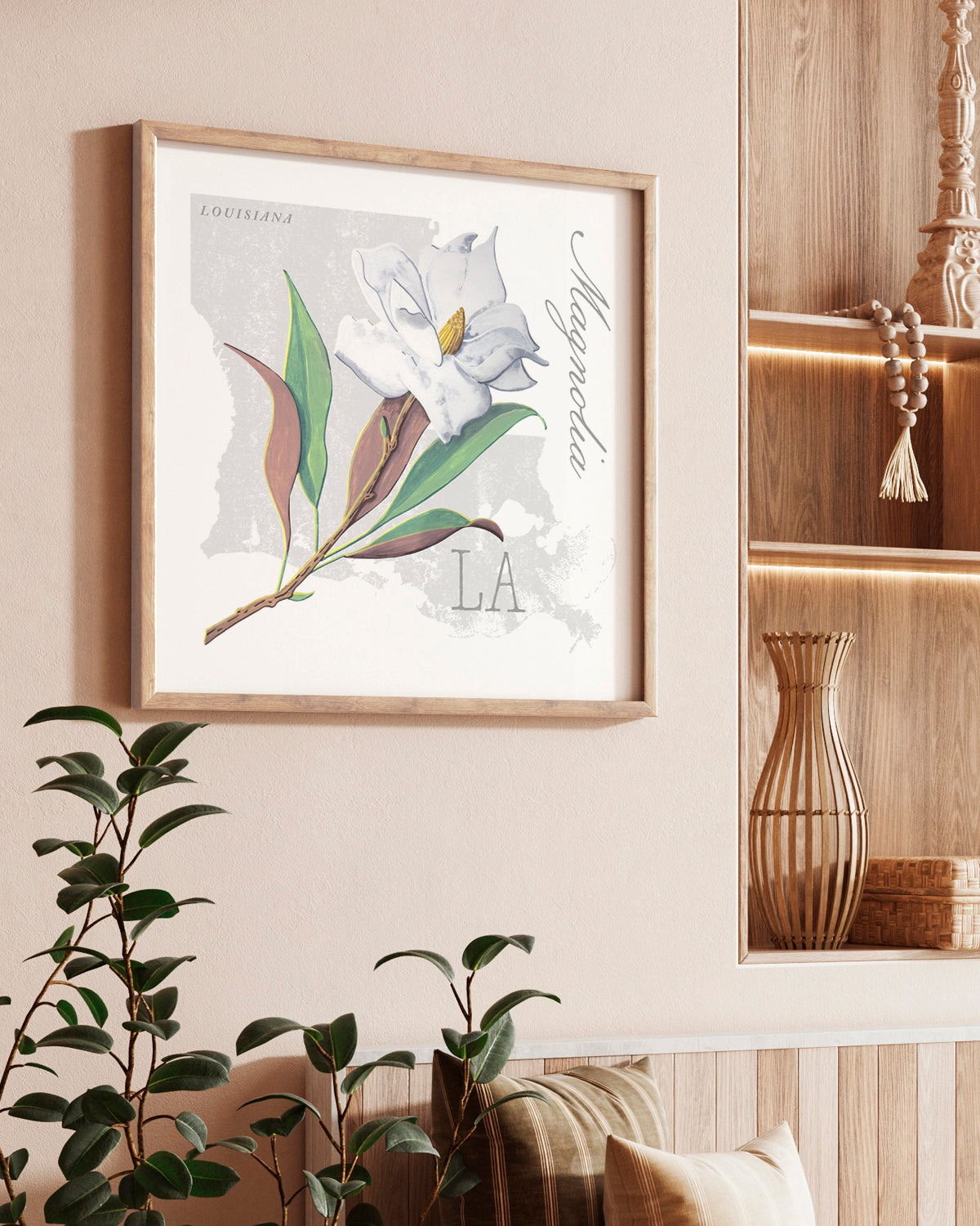 Louisiana (Magnolia) state flower fine art print, classic botanical style on white background. Oak frame available.