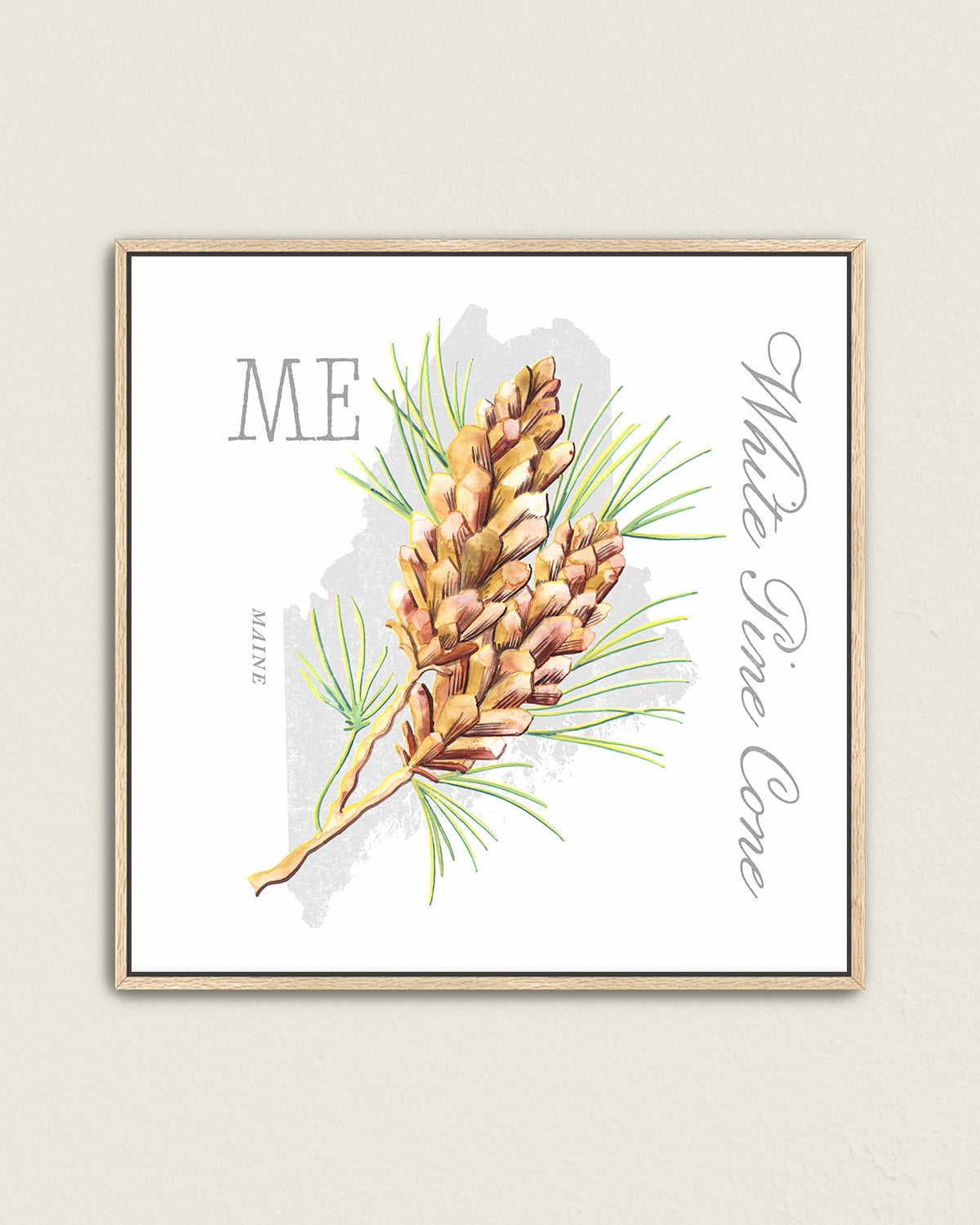 State flower botanical wall art by Jen Montgomery set in a light wood frame against a cream wall.