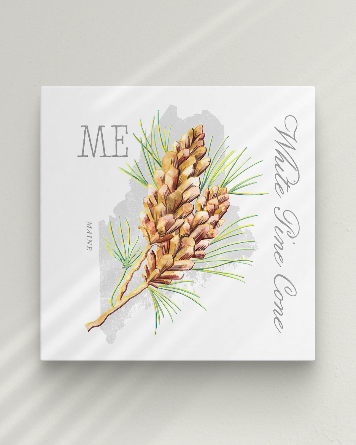 State flower botanical wall art by Jen Montgomery set in a light wood frame against a white wall.