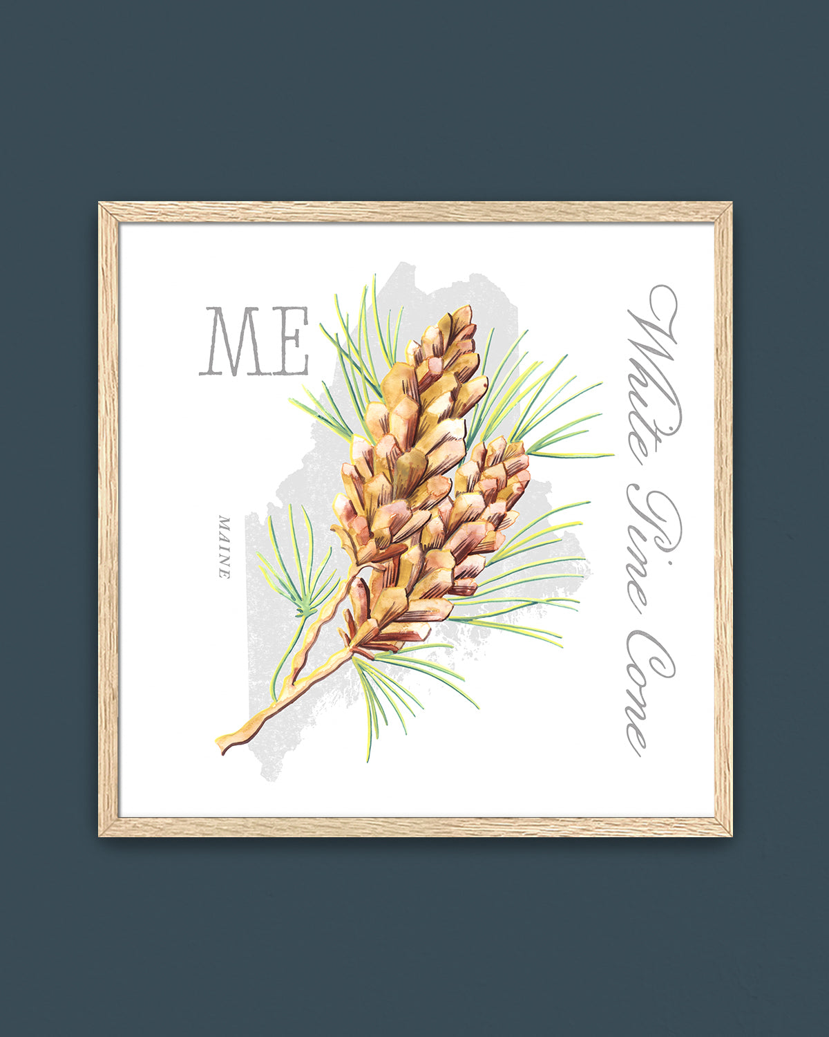 Framed state flower botanical wall art by Jen Montgomery set in a light wood frame against a dark slate-blue backdrop.