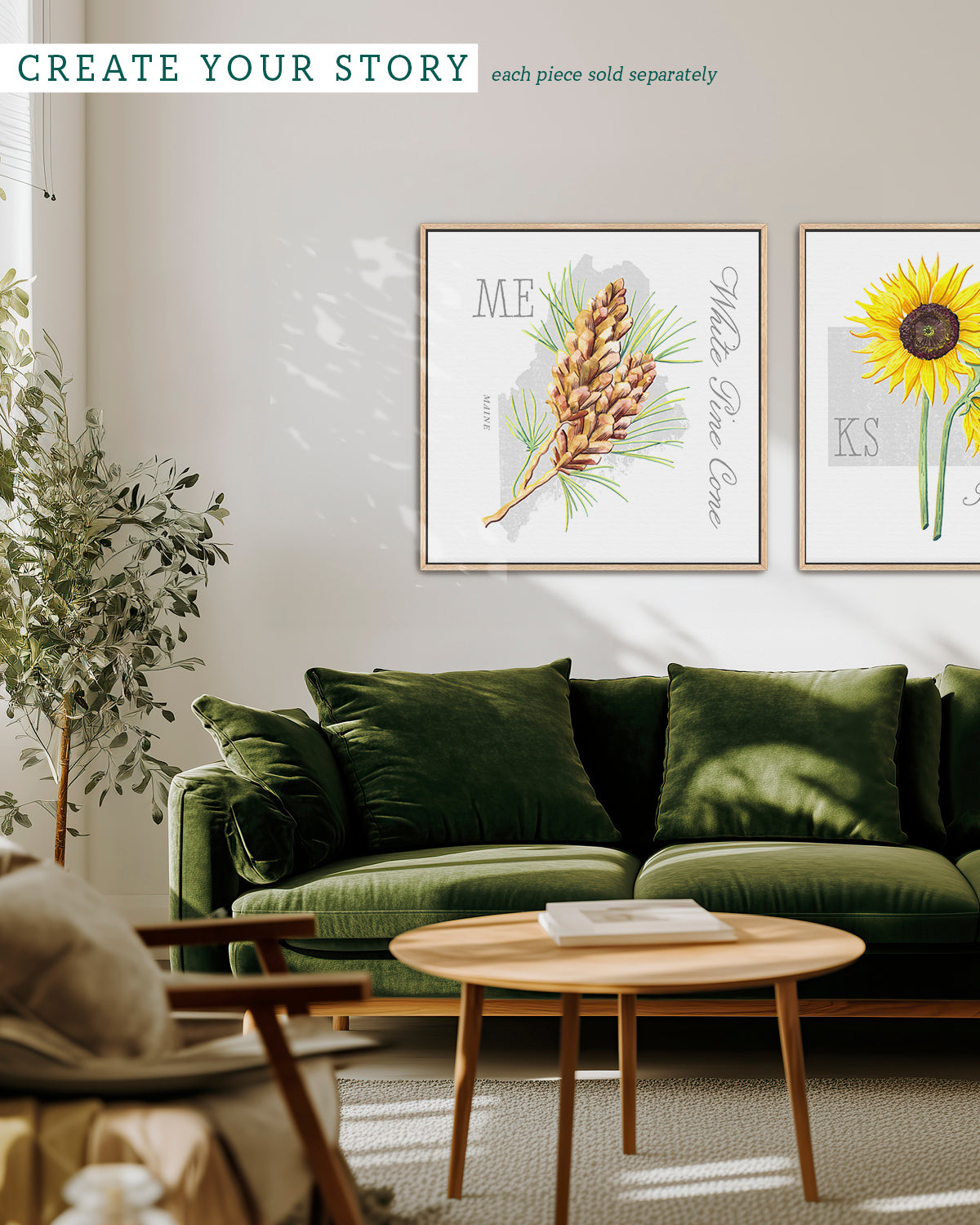 Two framed state flower botanical art prints by Jen Montgomery hanging on a light gray wall above a green velvet sofa in a styled living room. 