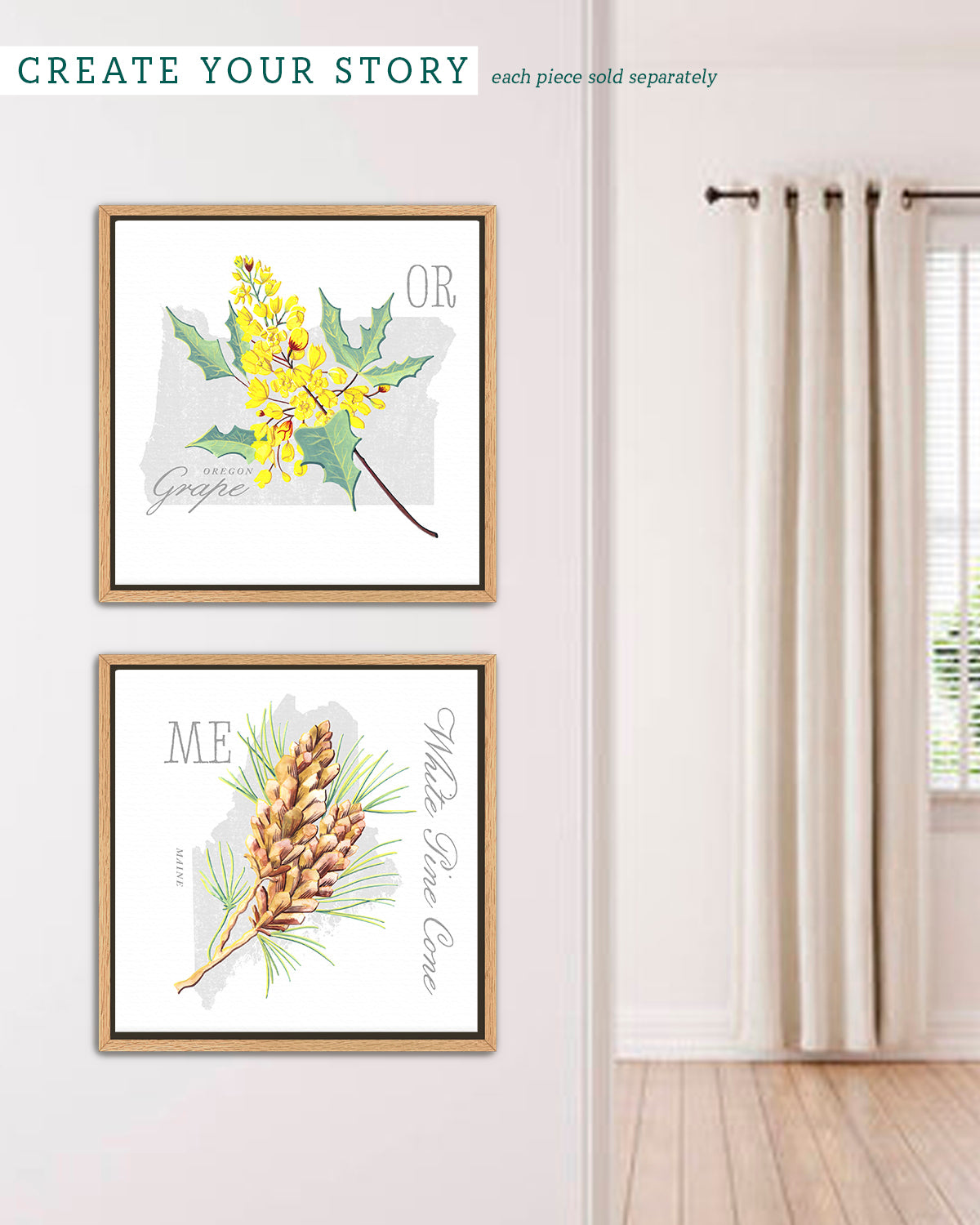 Two framed state flower botanical art prints by Jen Montgomery displayed on a white wall in a styled room.