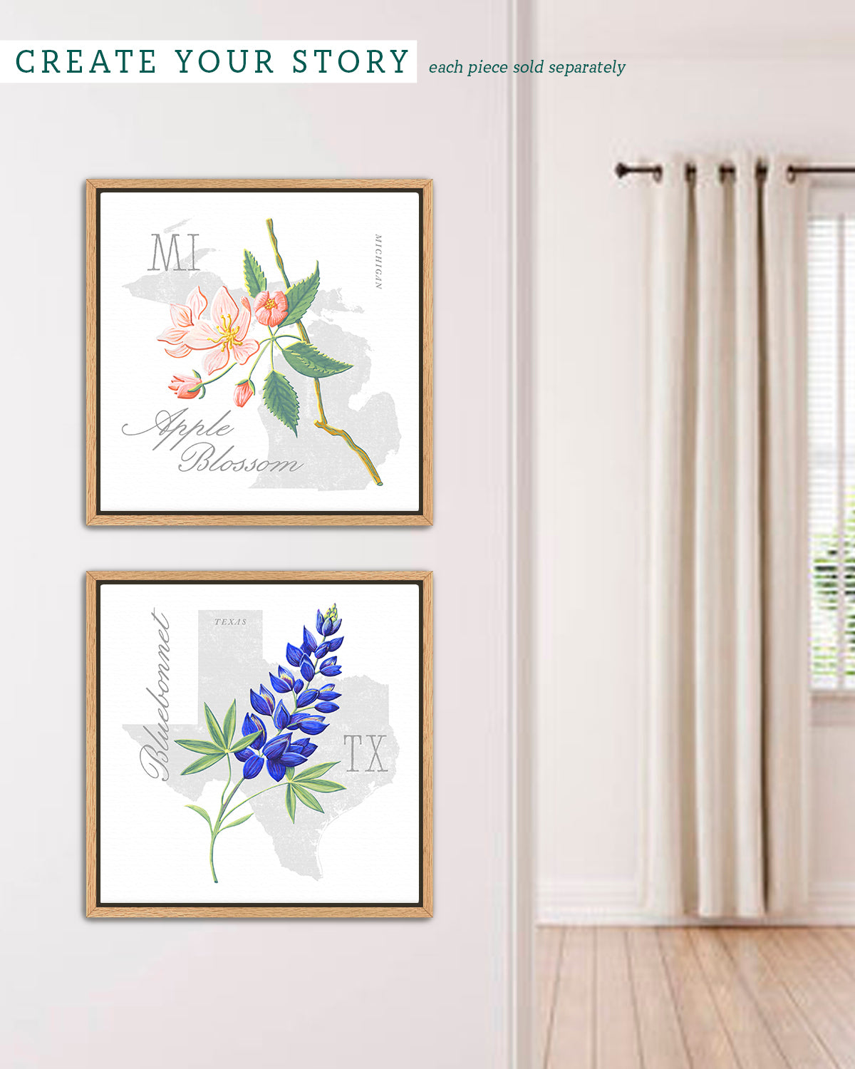 Michigan (Apple Blossom) state flower fine art print, classic botanical style on white background. Oak frame available.