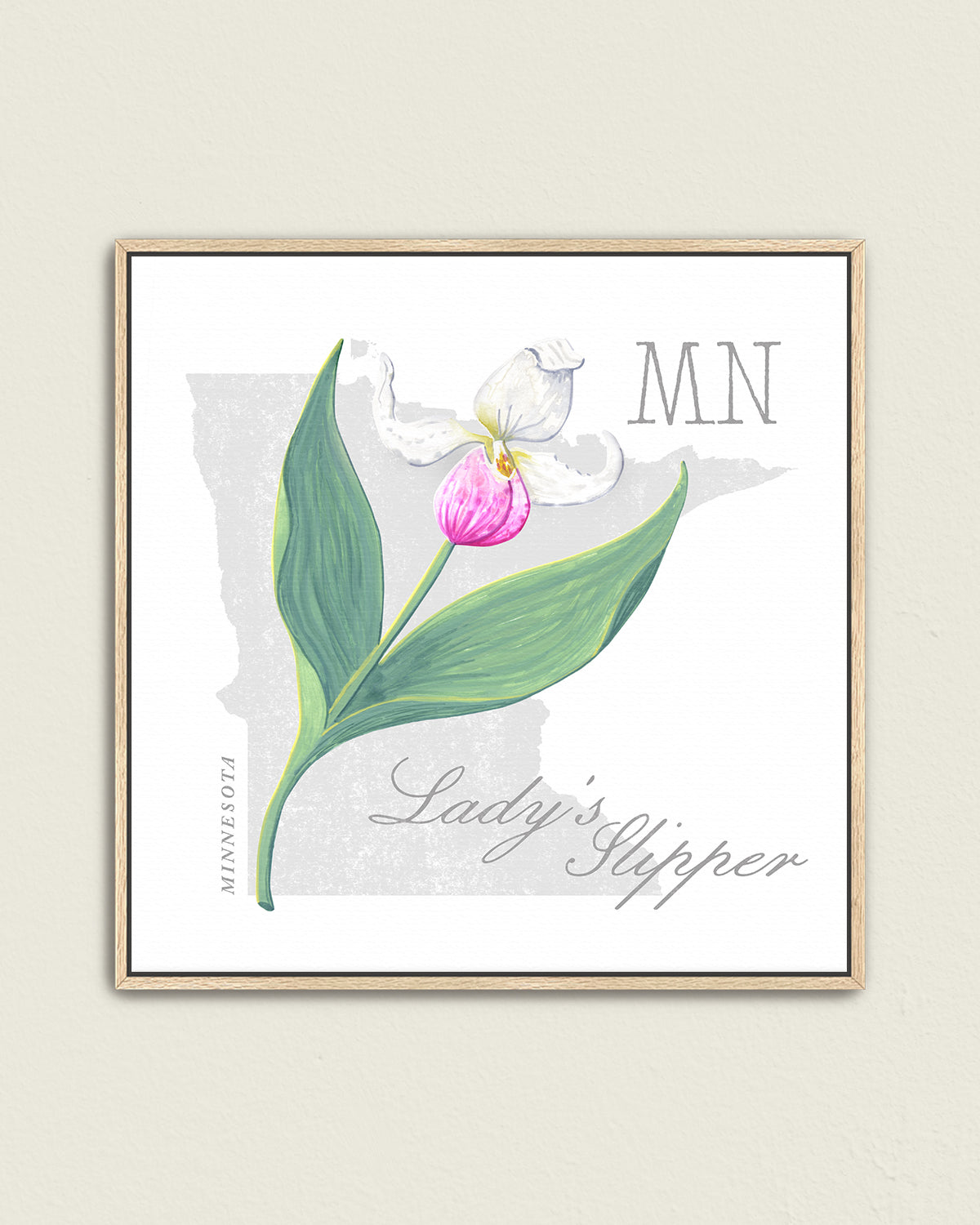 Minnesota (Lady's Slipper) state flower fine art print, classic botanical style on white background. Oak frame available.