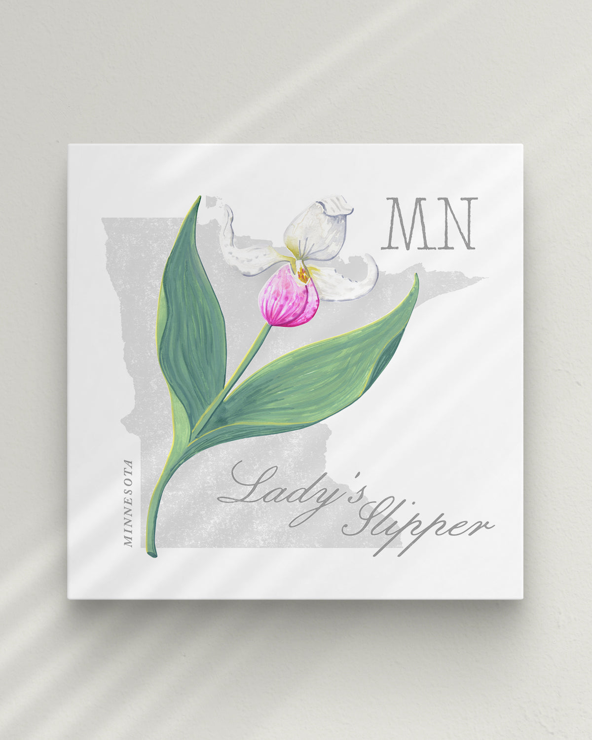 Minnesota (Lady's Slipper) state flower fine art print, classic botanical style on white background. Oak frame available.